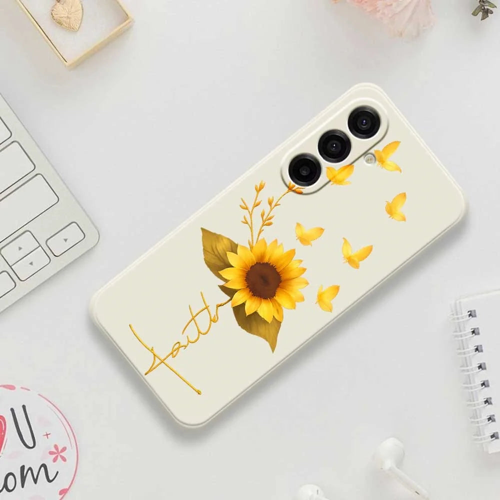 For Samsung Galaxy A18 5G / A18 4G / A17 5G / A17 4G Case Golden Butterfly Sunflower Pattern Printing Straight Edge TPU Phone Back Cover - Beige - 7