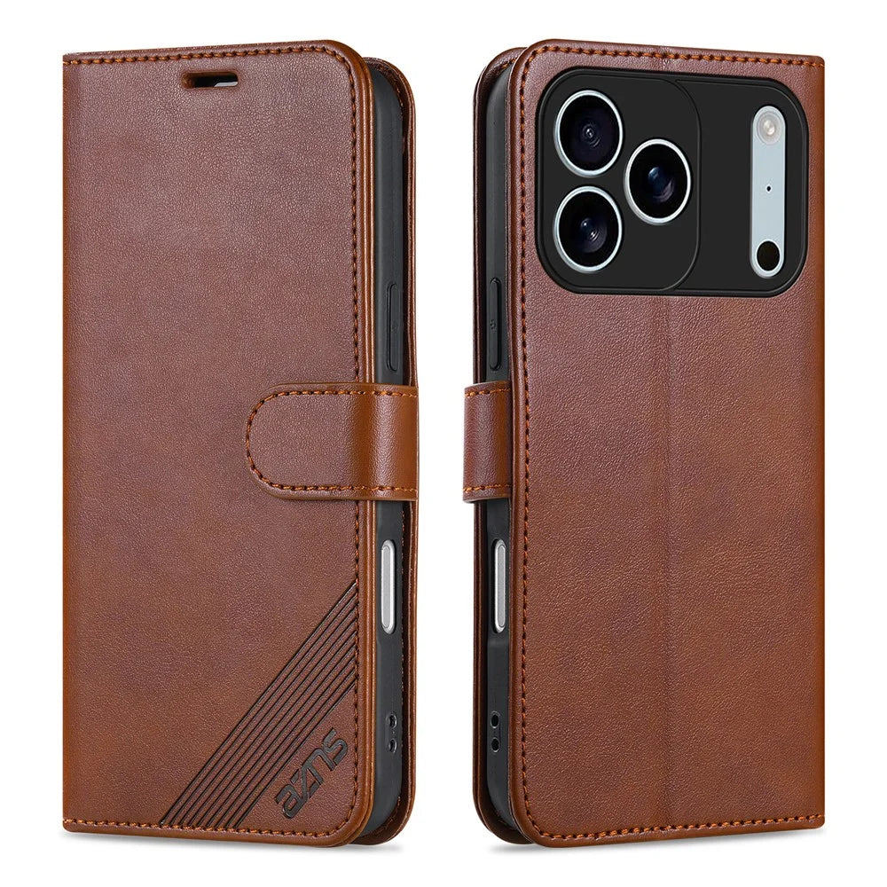 AZNS For iPhone 18 Pro Max / 17 Pro Max Case Anti-Scratch PU Leather Stand Wallet Phone Cover - Brown - 1