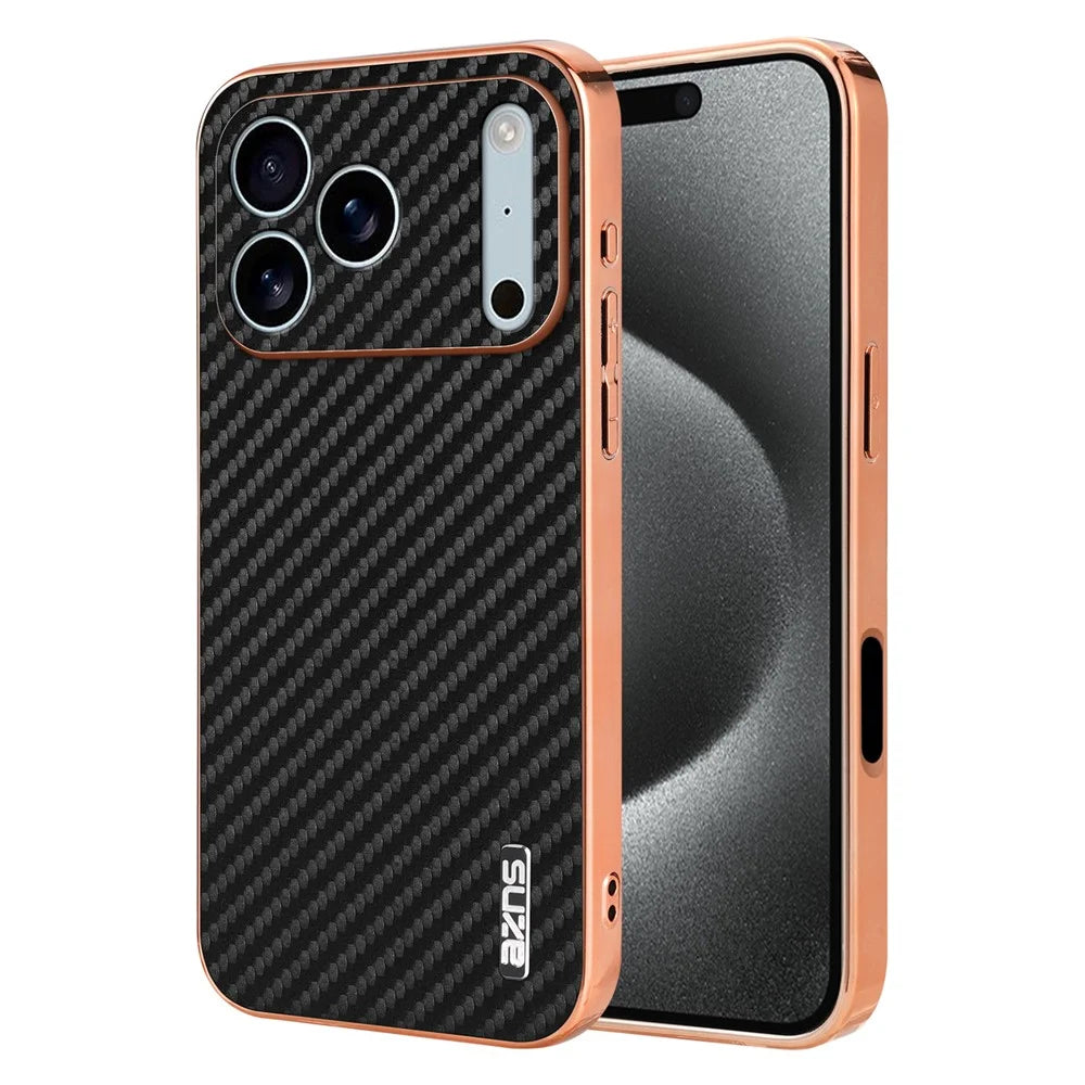 AZNS For iPhone 18 Pro Max / 17 Pro Max Case Electroplating Carbon Fiber Texture PU + TPU Phone Cover - Black - 1