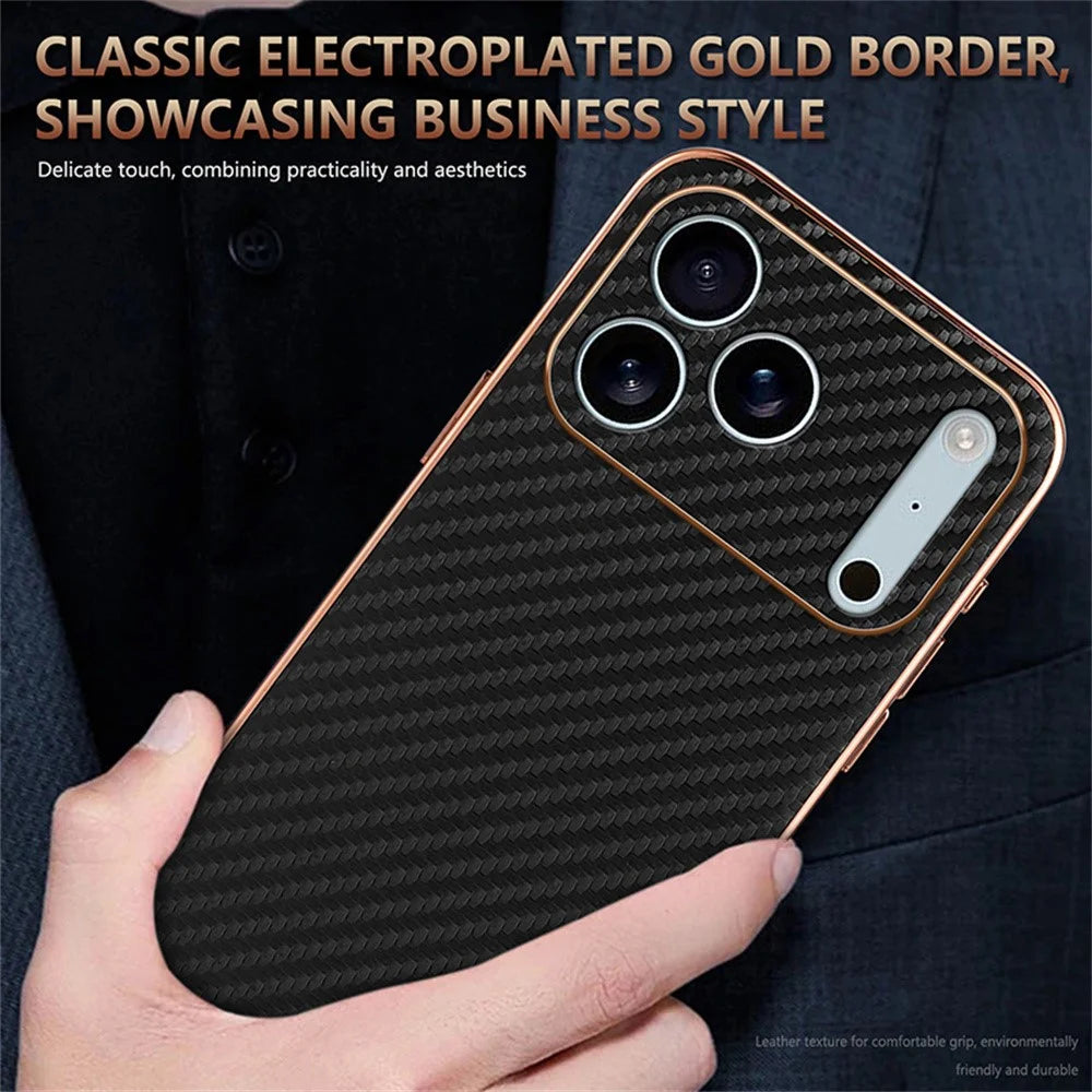 AZNS For iPhone 18 Pro Max / 17 Pro Max Case Electroplating Carbon Fiber Texture PU + TPU Phone Cover - Black - 7