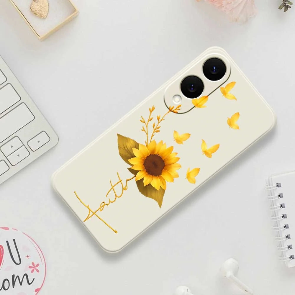 For Samsung Galaxy S25 Edge Case Golden Butterfly Sunflower Pattern Printing Straight Edge TPU Phone Back Cover - Beige - 7