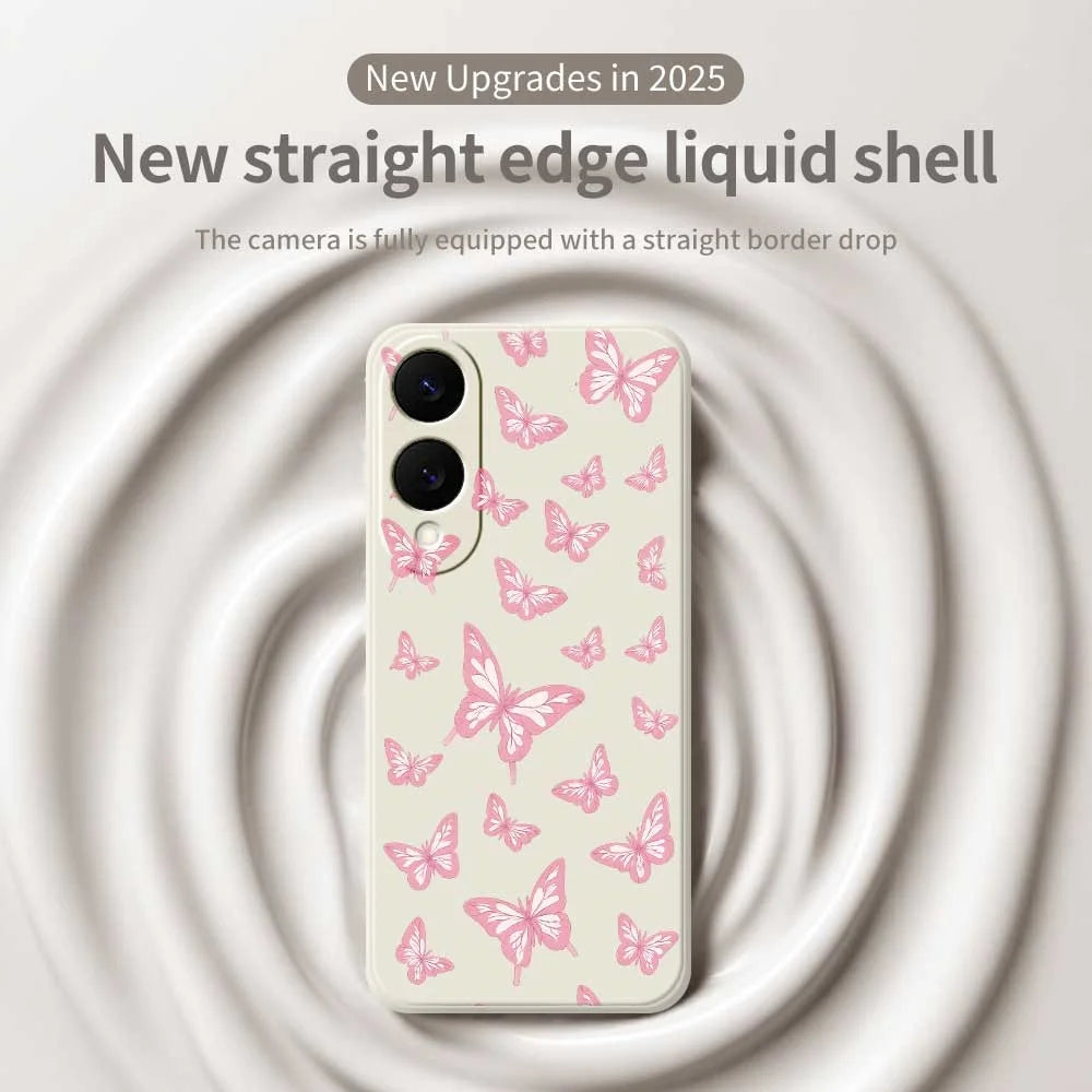 For Samsung Galaxy S25 Edge Case Pink Butterflies Pattern Printing Straight Edge TPU Phone Back Cover - Beige - 3