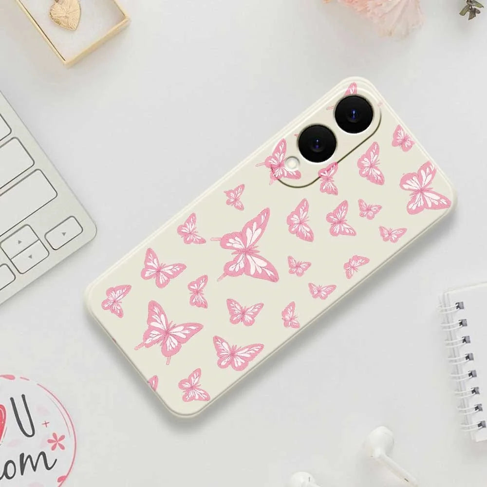 For Samsung Galaxy S25 Edge Case Pink Butterflies Pattern Printing Straight Edge TPU Phone Back Cover - Beige - 7