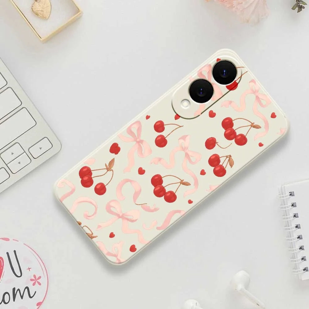 For Samsung Galaxy S25 Edge Case Big Bow Cherry Pattern Printing Straight Edge TPU Phone Back Cover - Beige - 7