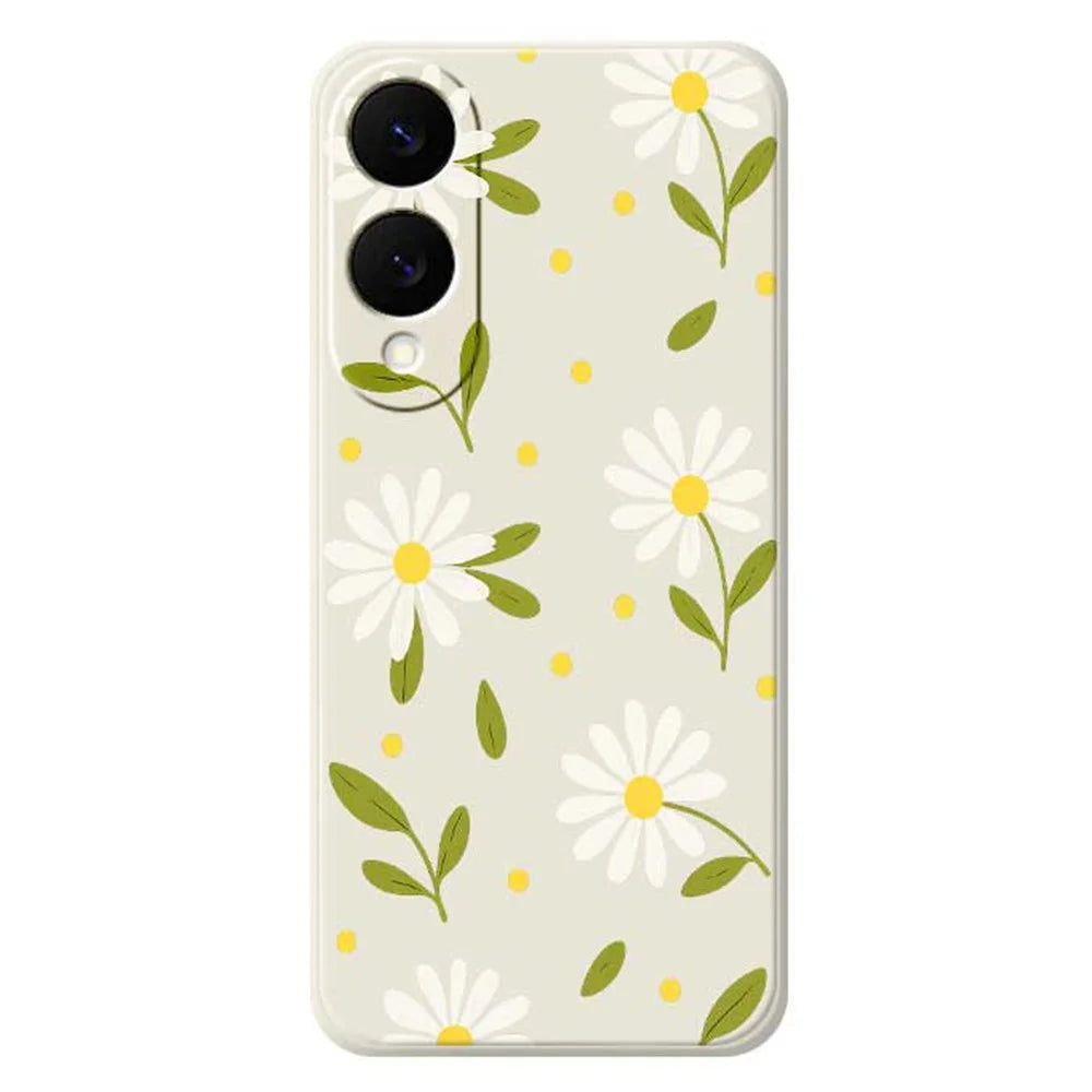 For Samsung Galaxy S25 Edge Case White Flowers Green Leaves Pattern Printing Straight Edge TPU Phone Back Cover - Beige - 1
