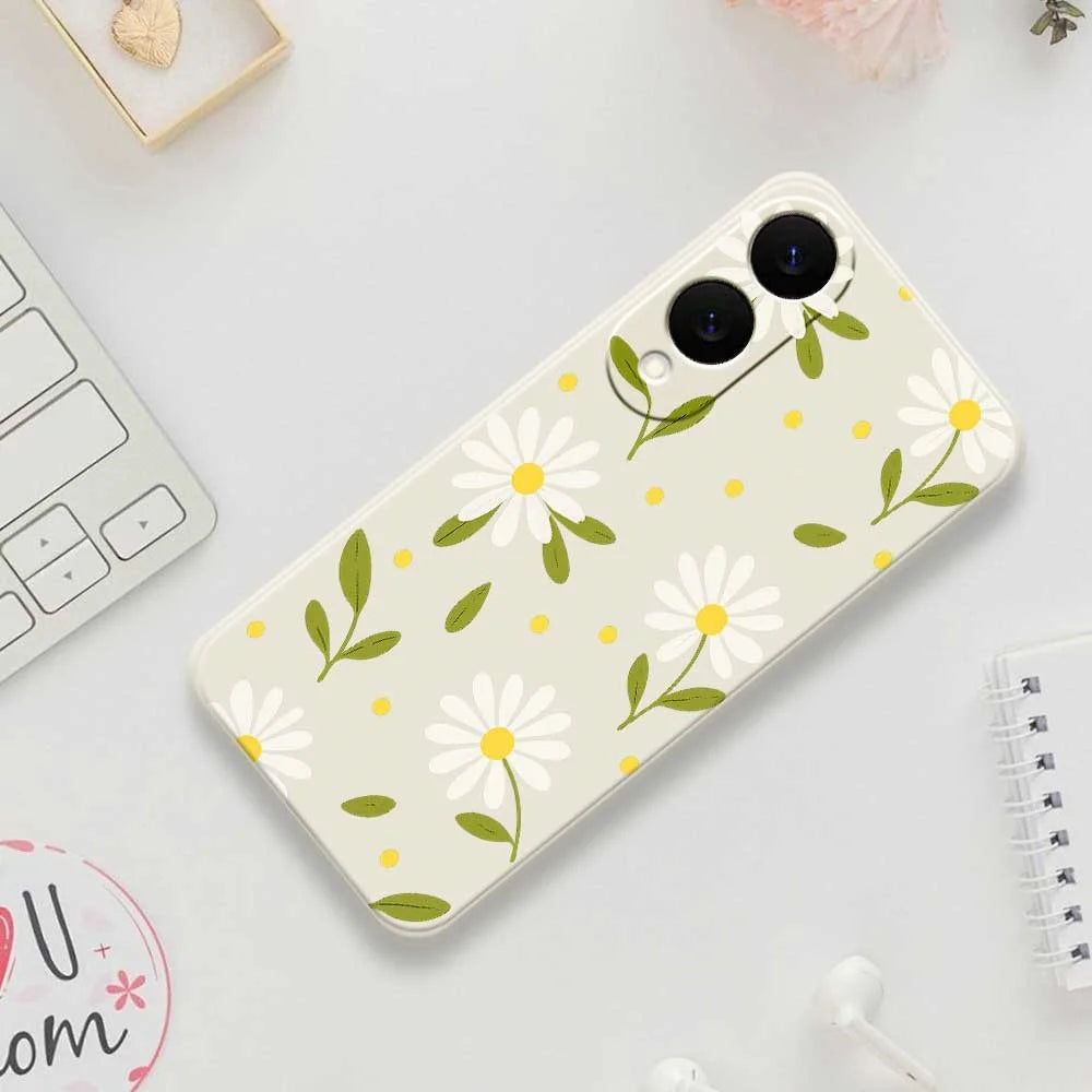 For Samsung Galaxy S25 Edge Case White Flowers Green Leaves Pattern Printing Straight Edge TPU Phone Back Cover - Beige - 7