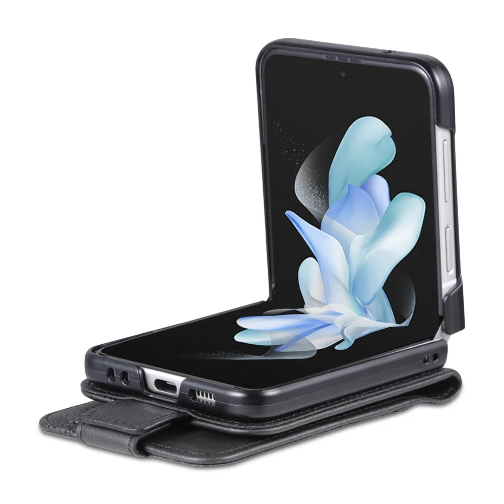 AZNS For Samsung Galaxy Z Flip4 5G Phone Case Magnetic Closure Shockproof Case Cowhide Texture PU Leather Folio Flip Cover with Card Slot - Black - 3