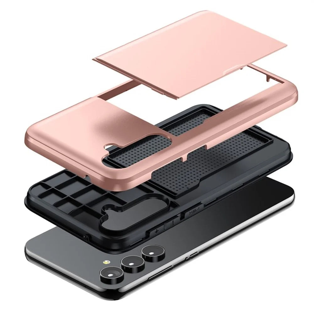 AMORUS For Samsung Galaxy S25 Case with Sliding Card Holder PC TPU Phone Back Cover - Rose Gold - 4