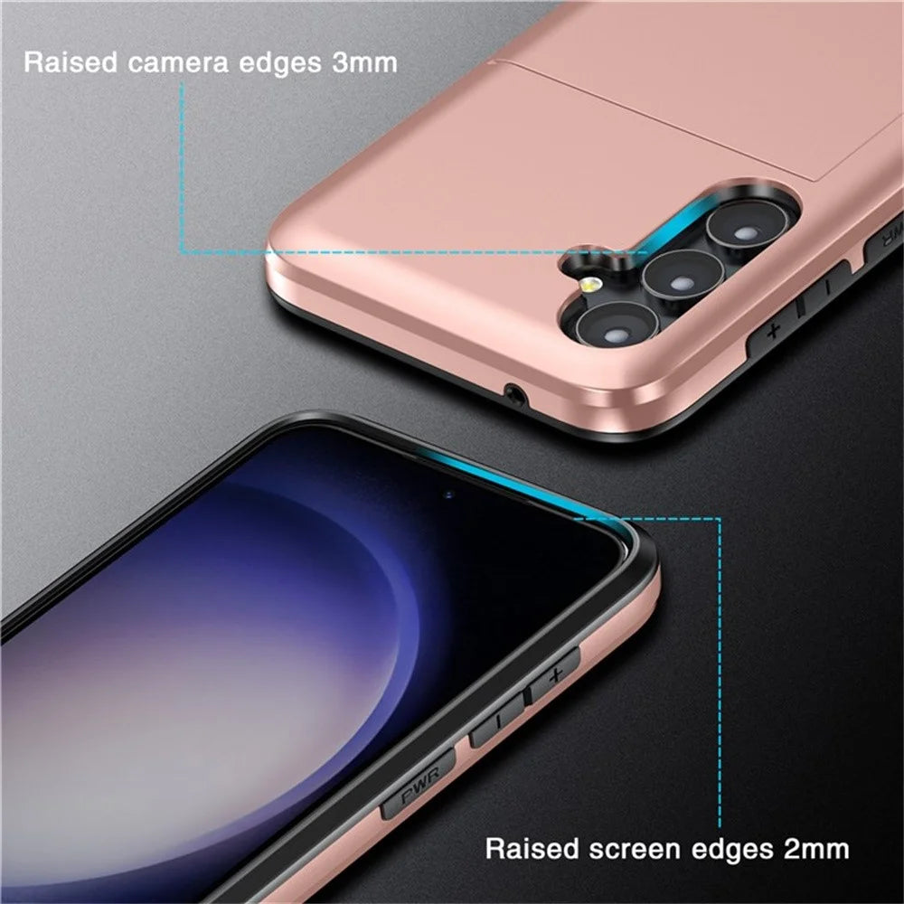 AMORUS For Samsung Galaxy S25 Case with Sliding Card Holder PC TPU Phone Back Cover - Rose Gold - 6