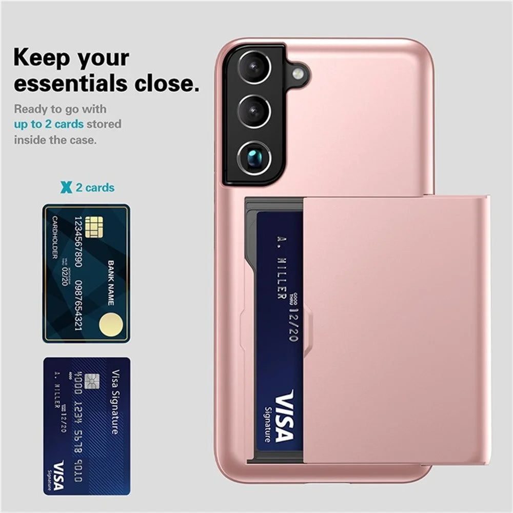 AMORUS For Samsung Galaxy S21+ 5G Case with Sliding Card Holder PC TPU Phone Back Cover - Rose Gold - 2