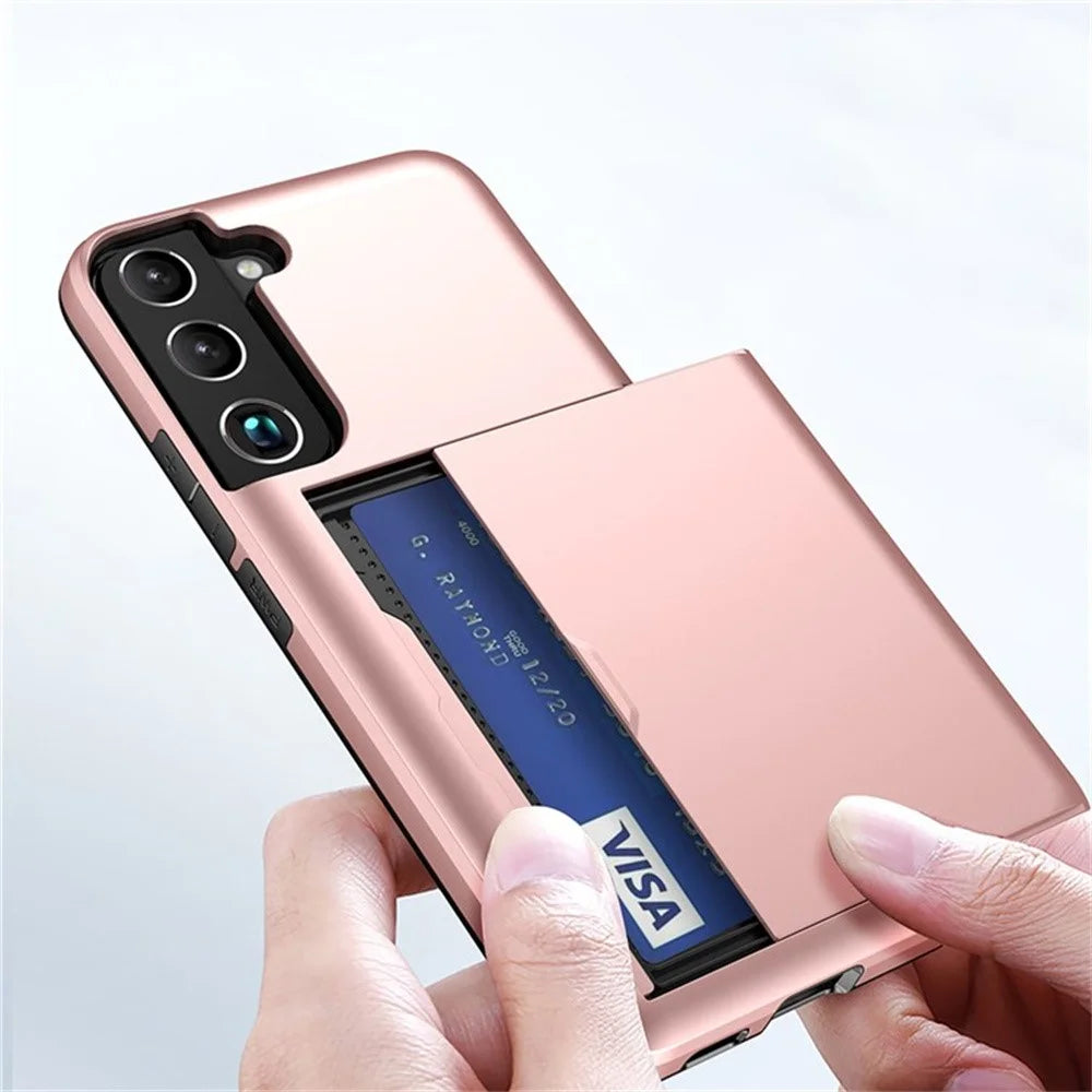 AMORUS For Samsung Galaxy S21 FE 5G Case with Sliding Card Holder PC TPU Phone Back Cover - Rose Gold - 3