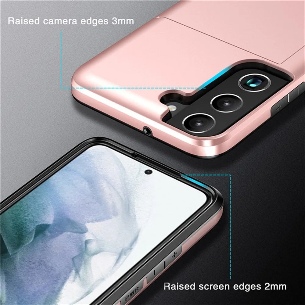 AMORUS For Samsung Galaxy S21 FE 5G Case with Sliding Card Holder PC TPU Phone Back Cover - Rose Gold - 5