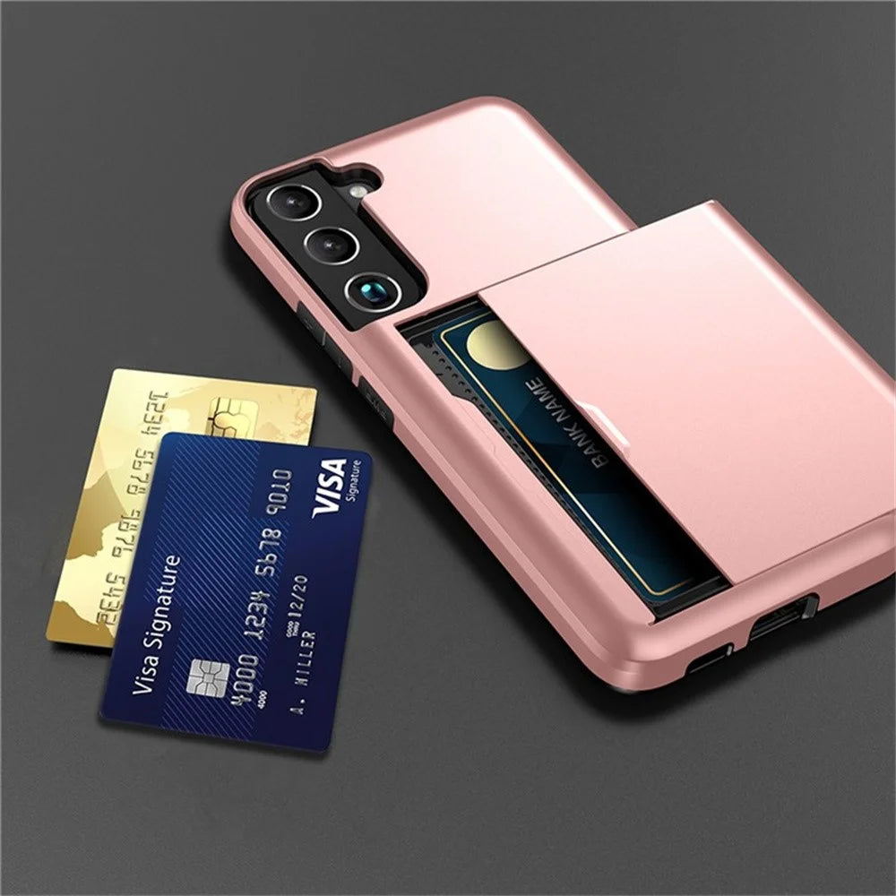 AMORUS For Samsung Galaxy S21 FE 5G Case with Sliding Card Holder PC TPU Phone Back Cover - Rose Gold - 6