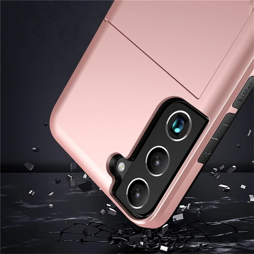 AMORUS For Samsung Galaxy S21 FE 5G Case with Sliding Card Holder PC TPU Phone Back Cover - Rose Gold - 7