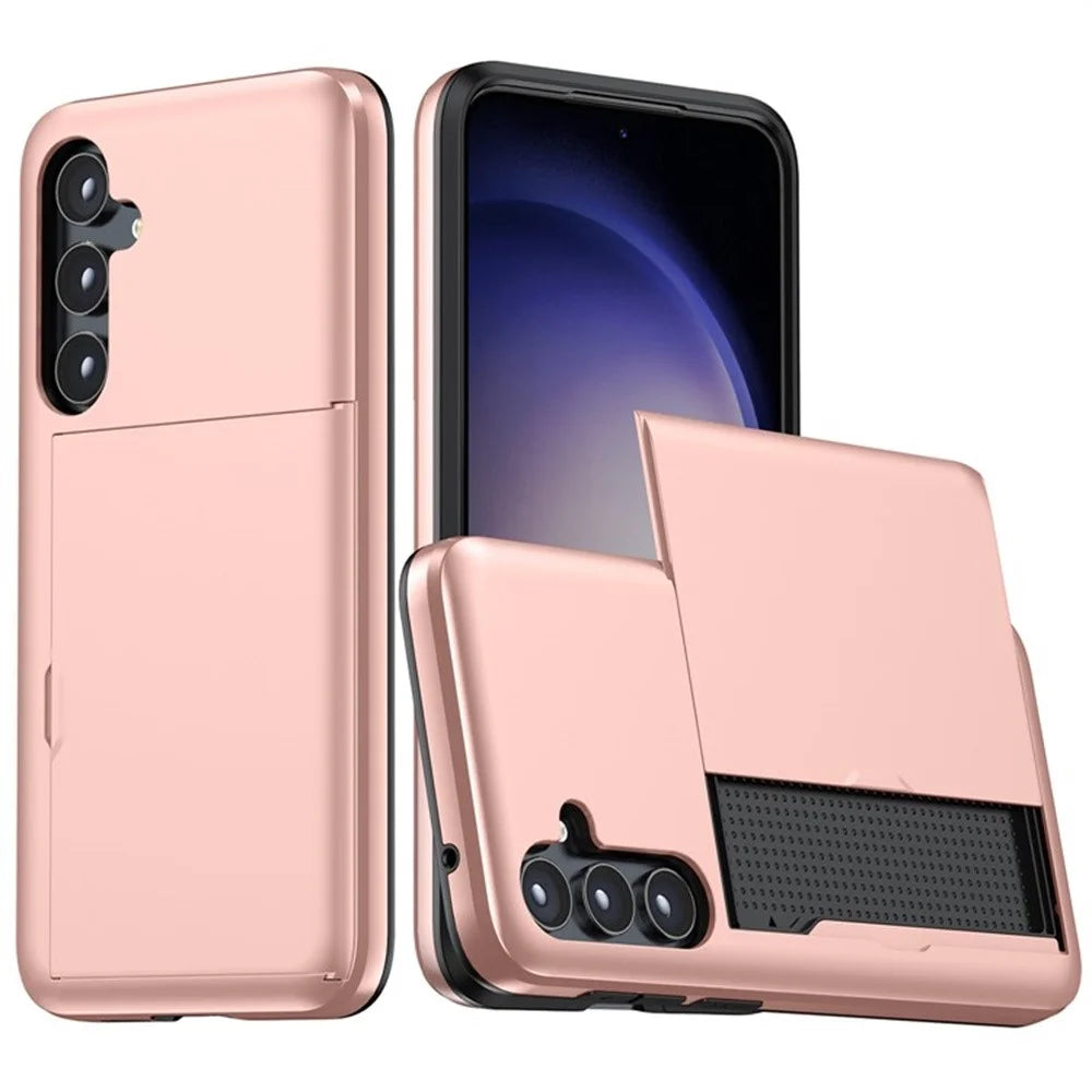 AMORUS For Samsung Galaxy A55 5G Case with Sliding Card Holder PC TPU Phone Back Cover - Rose Gold - 1