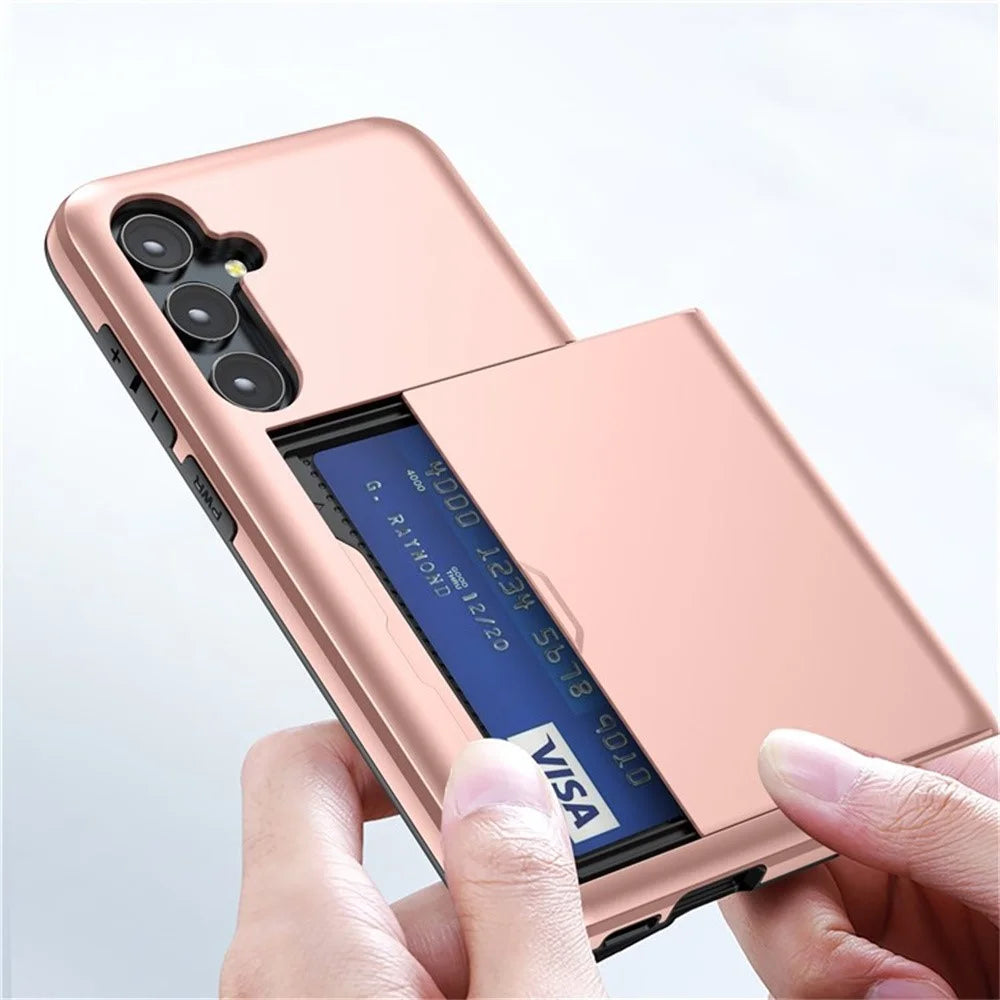 AMORUS For Samsung Galaxy A55 5G Case with Sliding Card Holder PC TPU Phone Back Cover - Rose Gold - 3