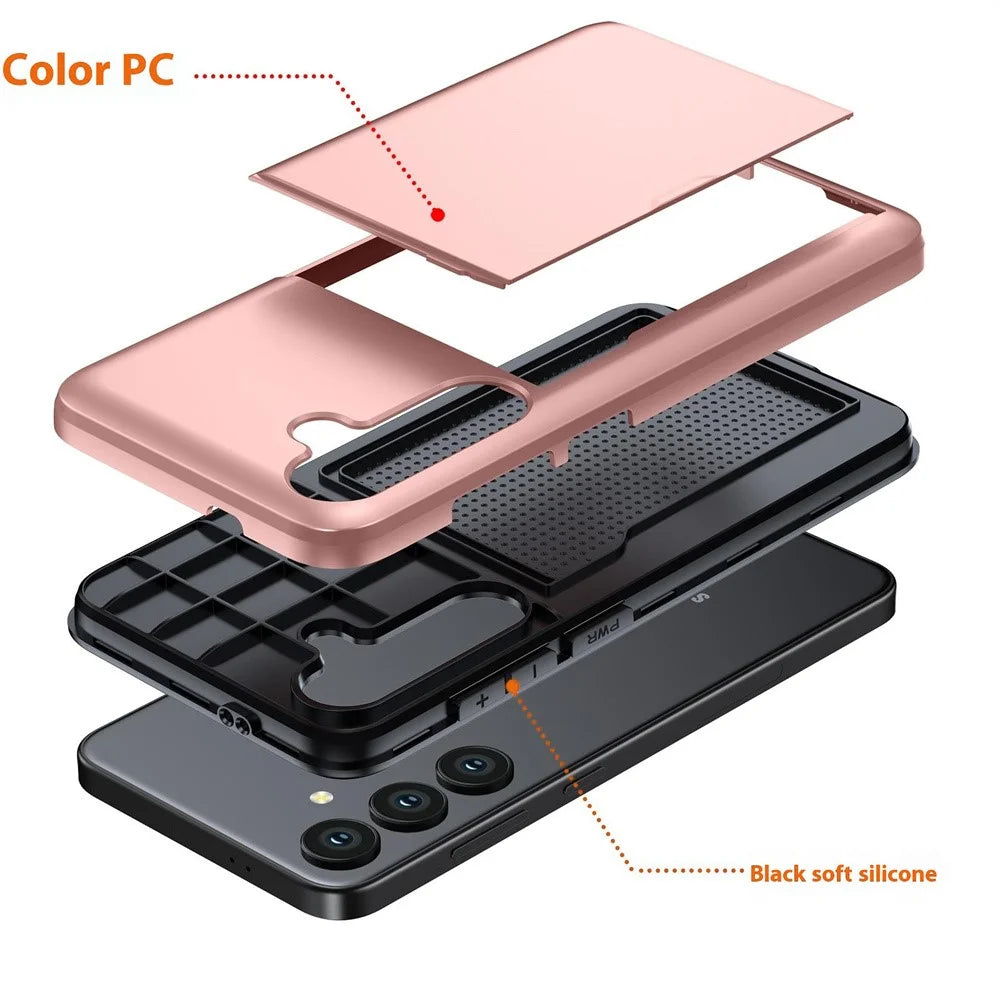 AMORUS For Samsung Galaxy A36 5G Case with Sliding Card Holder PC TPU Phone Back Cover - Rose Gold - 5