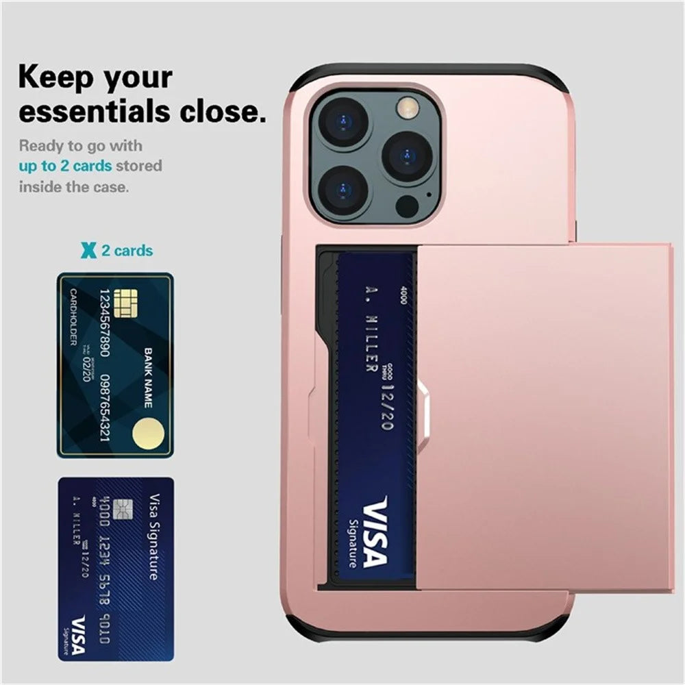 AMORUS For iPhone 14 Pro Max Case with Sliding Card Holder PC TPU Phone Back Cover - Rose Gold - 2