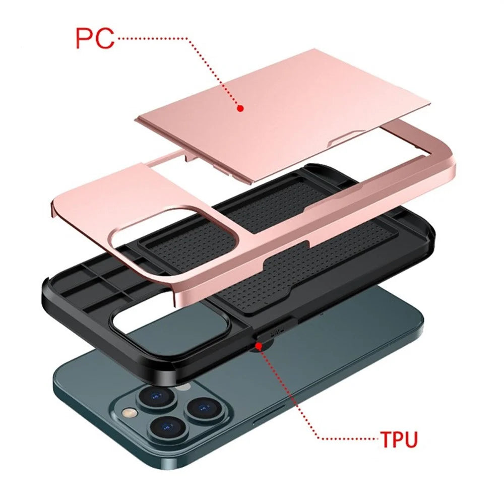 AMORUS For iPhone 14 Pro Max Case with Sliding Card Holder PC TPU Phone Back Cover - Rose Gold - 4