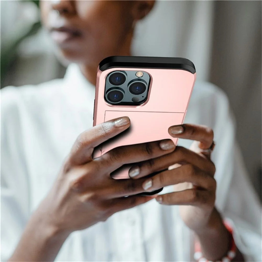 AMORUS For iPhone 14 Pro Max Case with Sliding Card Holder PC TPU Phone Back Cover - Rose Gold - 7