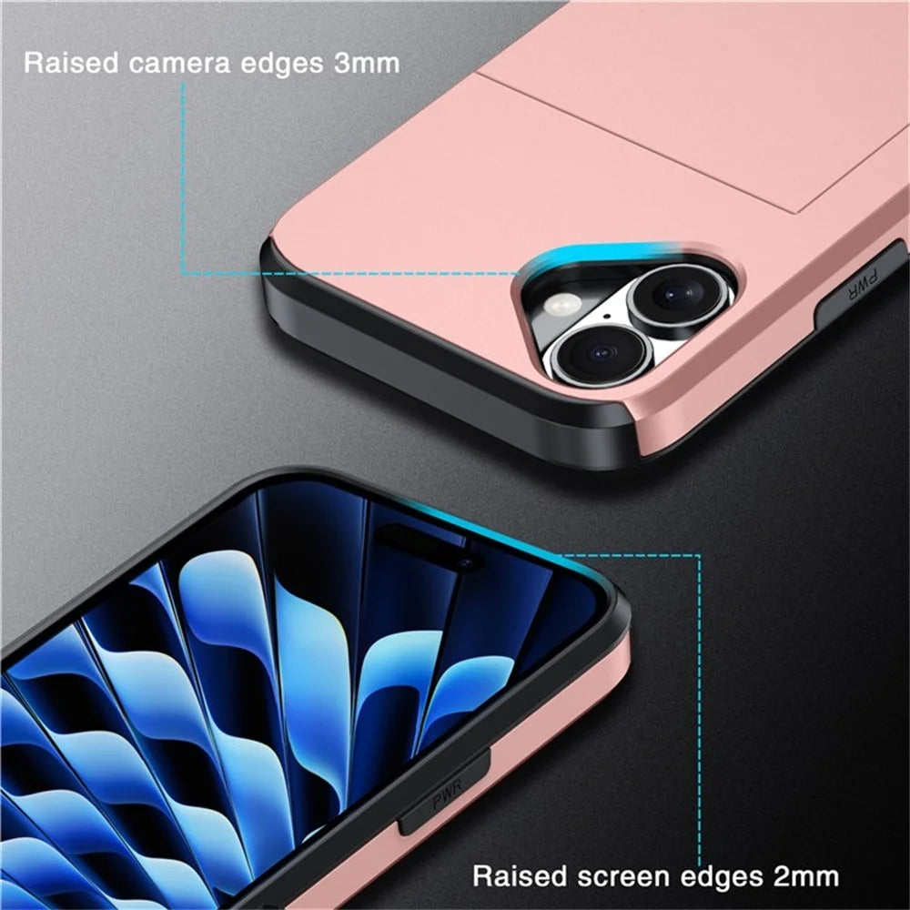 AMORUS For iPhone 16 Case with Sliding Card Holder PC TPU Phone Back Cover - Rose Gold - 6
