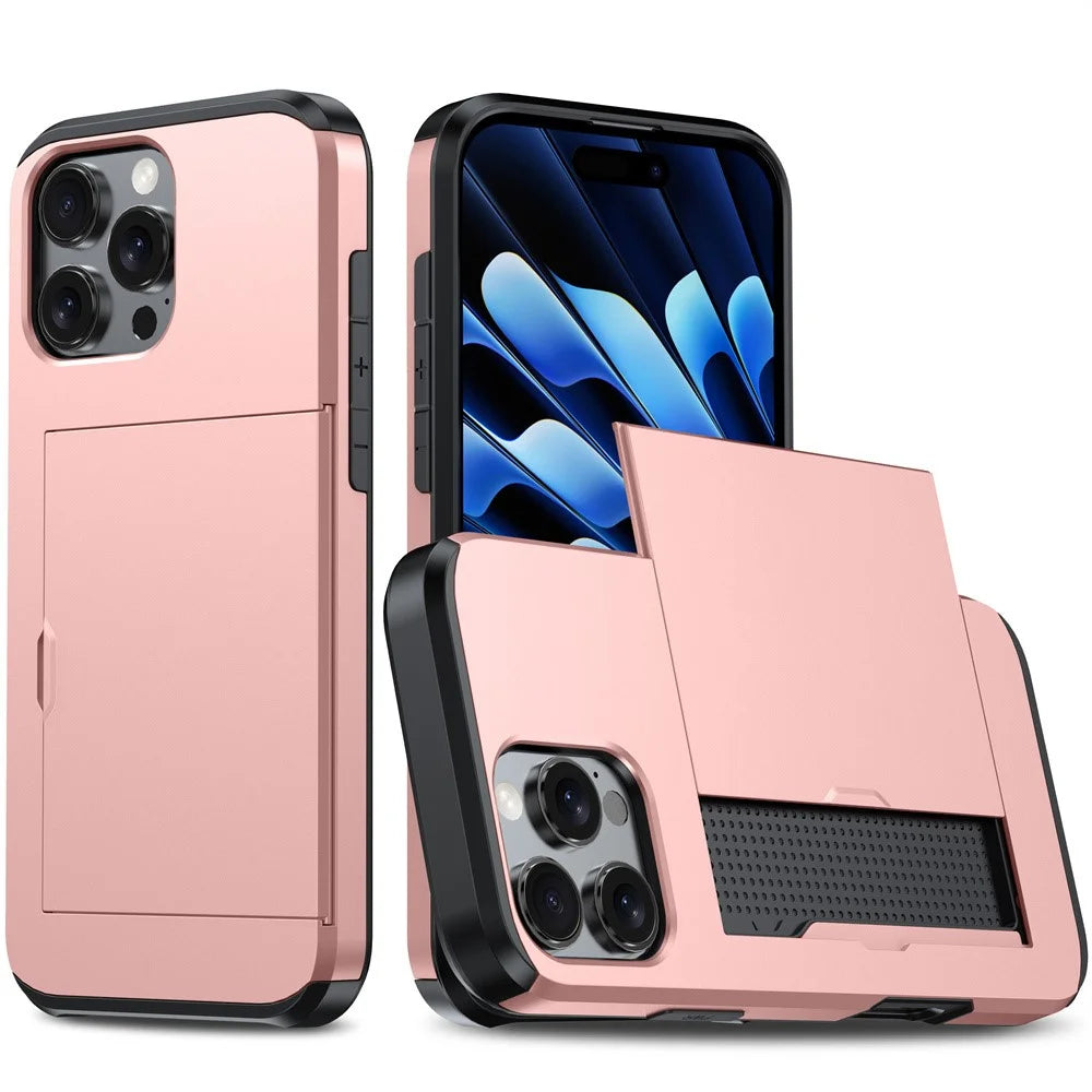 AMORUS For iPhone 16 Pro Case with Sliding Card Holder PC TPU Phone Back Cover - Rose Gold - 1