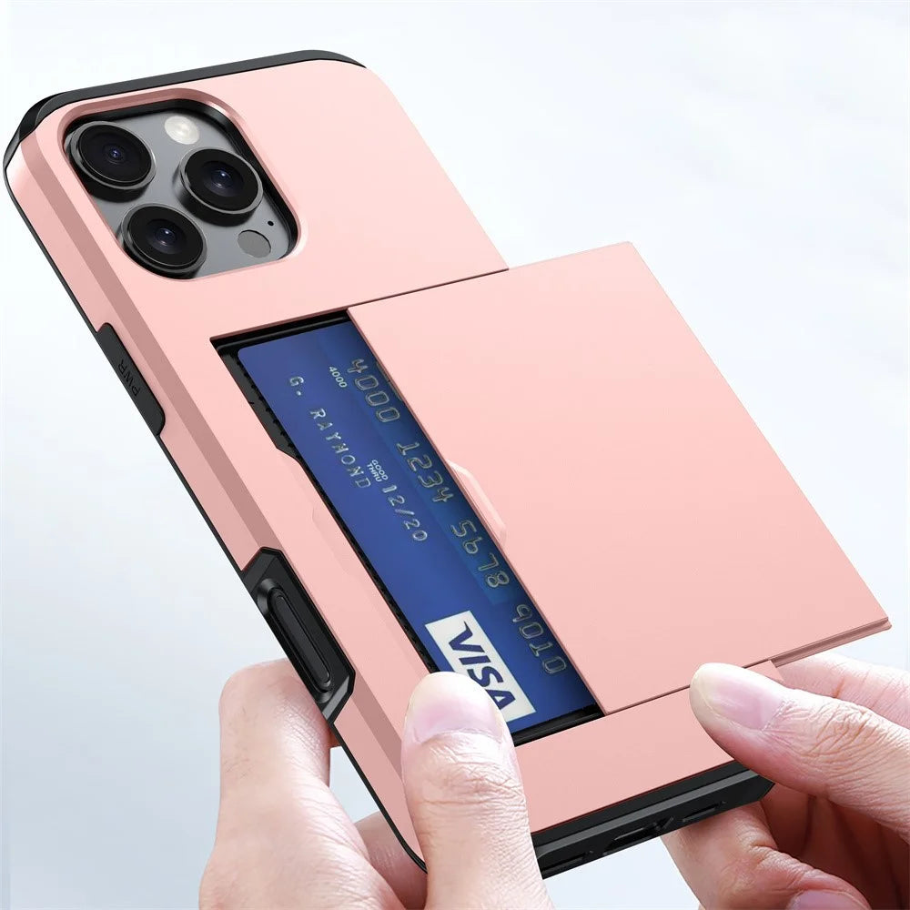 AMORUS For iPhone 16 Pro Case with Sliding Card Holder PC TPU Phone Back Cover - Rose Gold - 3