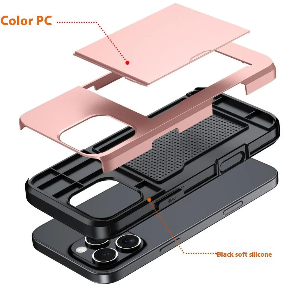 AMORUS For iPhone 16 Pro Case with Sliding Card Holder PC TPU Phone Back Cover - Rose Gold - 4