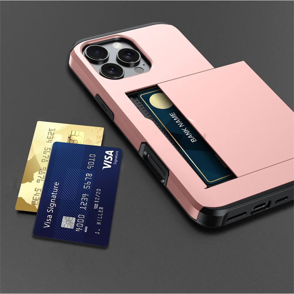 AMORUS For iPhone 16 Pro Case with Sliding Card Holder PC TPU Phone Back Cover - Rose Gold - 6