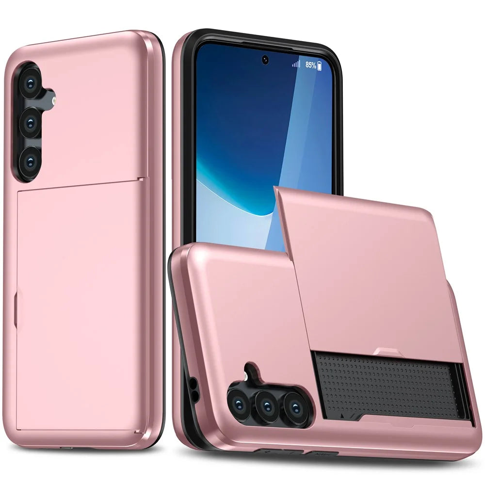 AMORUS For Samsung Galaxy A16 5G / 4G Case with Sliding Card Holder PC TPU Phone Back Cover - Rose Gold - 1