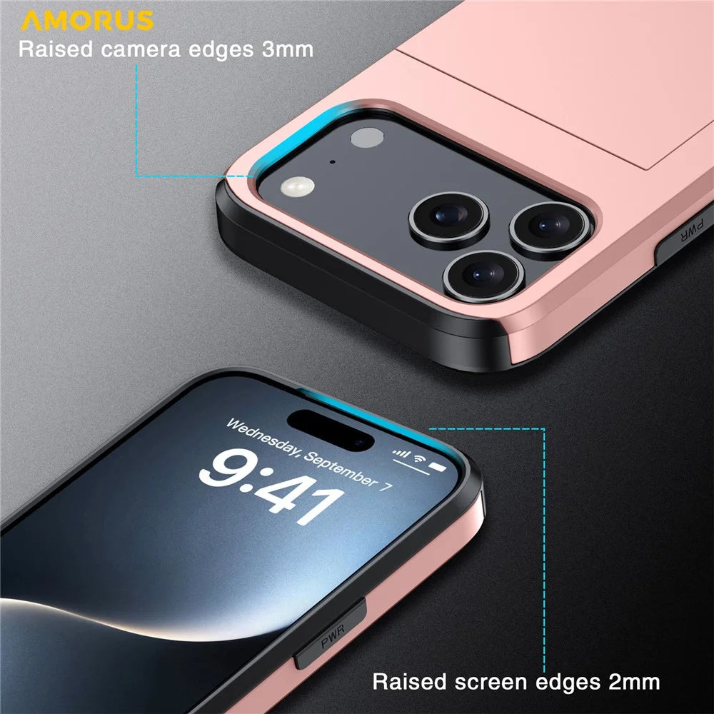 AMORUS For iPhone 18 Pro Max / 17 Pro Max Case with Sliding Card Holder PC TPU Phone Back Cover - Rose Gold - 4