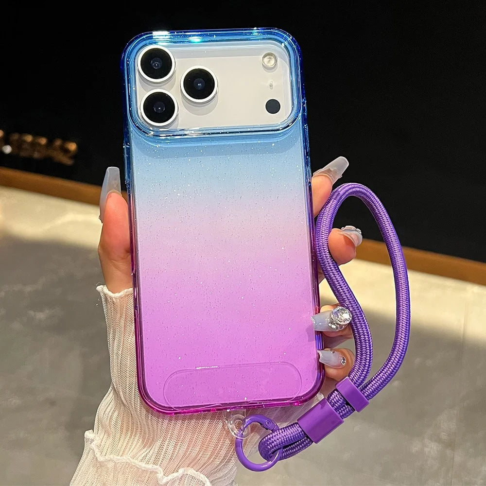 For iPhone 18 Pro Max / 17 Pro Max Case Glitter Dual Color PC + TPU Clear Phone Cover with Hand Strap - Blue / Purple - 2