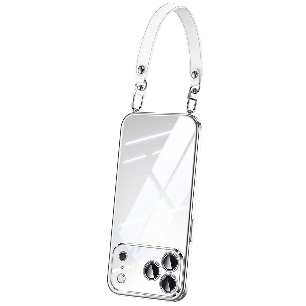 SULADA For iPhone 17 Pro Case Electroplating Ultra Clear Soft TPU Phone Cover with PU Wrist Strap - Silver - 1