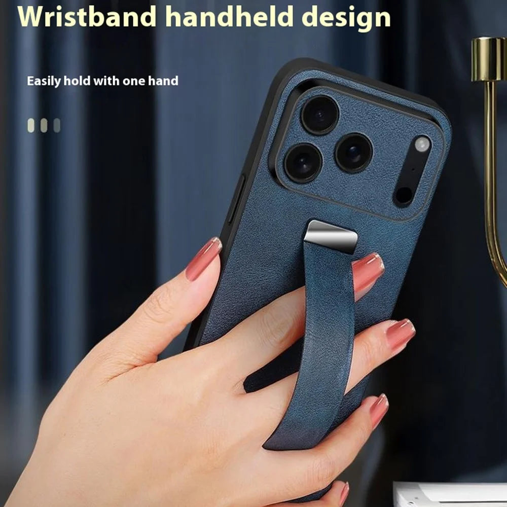 SULADA Fashion Series for iPhone 17 Pro Max Case Wristband Kickstand Leather Back Phone Cover - Black - 5