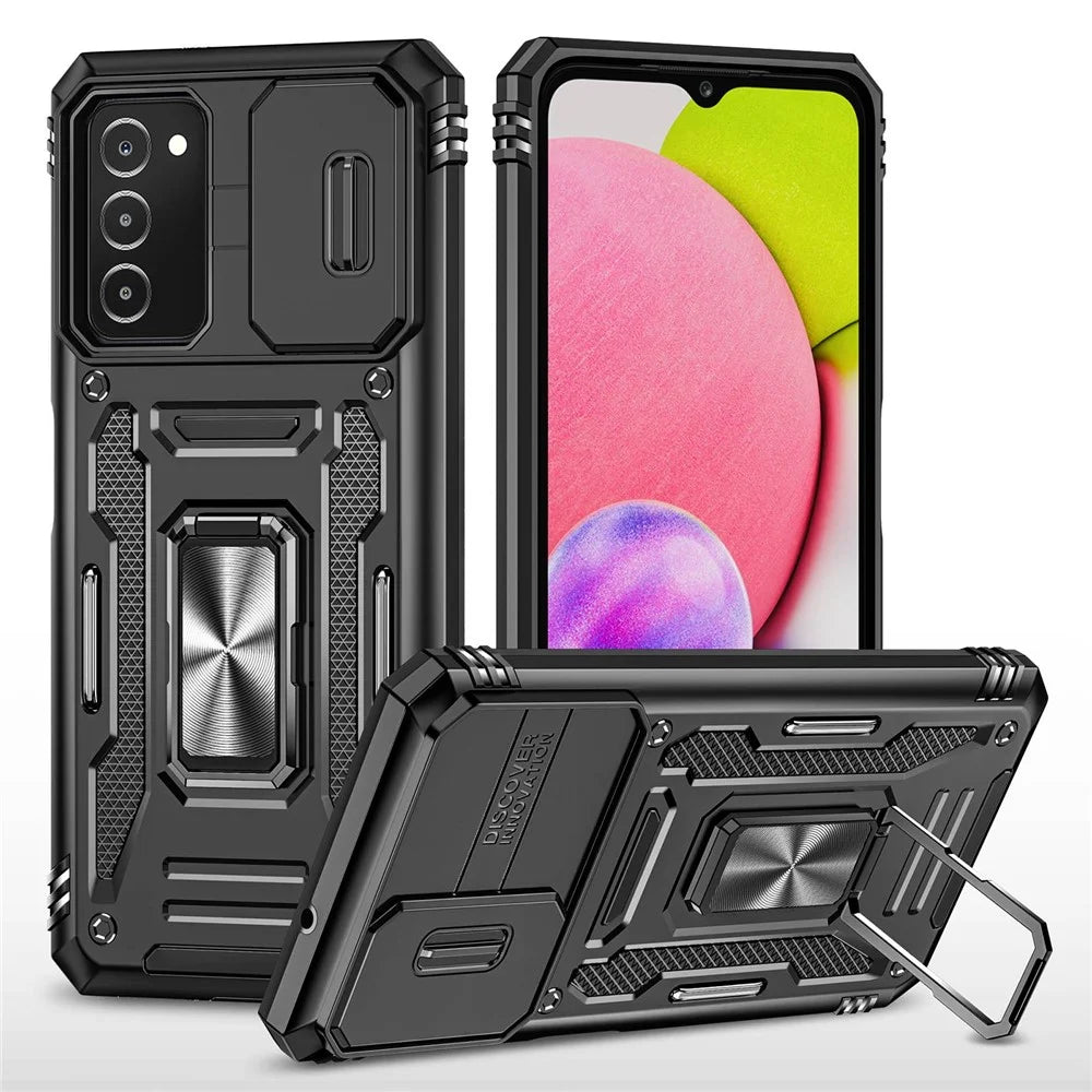 For Samsung Galaxy A03s (166.5mm) Hybrid Hard PC Soft TPU Shockproof Case Ring Car Mount Kickstand Back Shell with Camera Cover - Black - 1