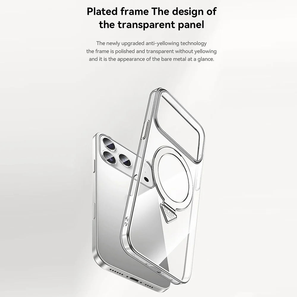 SULADA For iPhone 17 Pro Max Case Compatible with MagSafe Electroplated Foldable Kickstand Clear PC Phone Cover - Titanium - 2