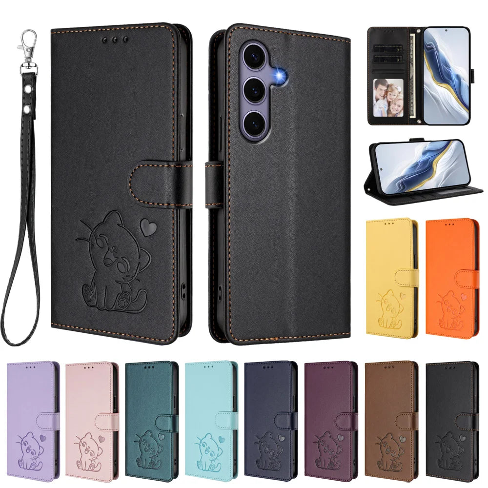 For Samsung Galaxy S24 / Galaxy S25 Wallet Case with Wrist Strap Love Cat Pattern Imprint Leather Phone Cover - Black - 3