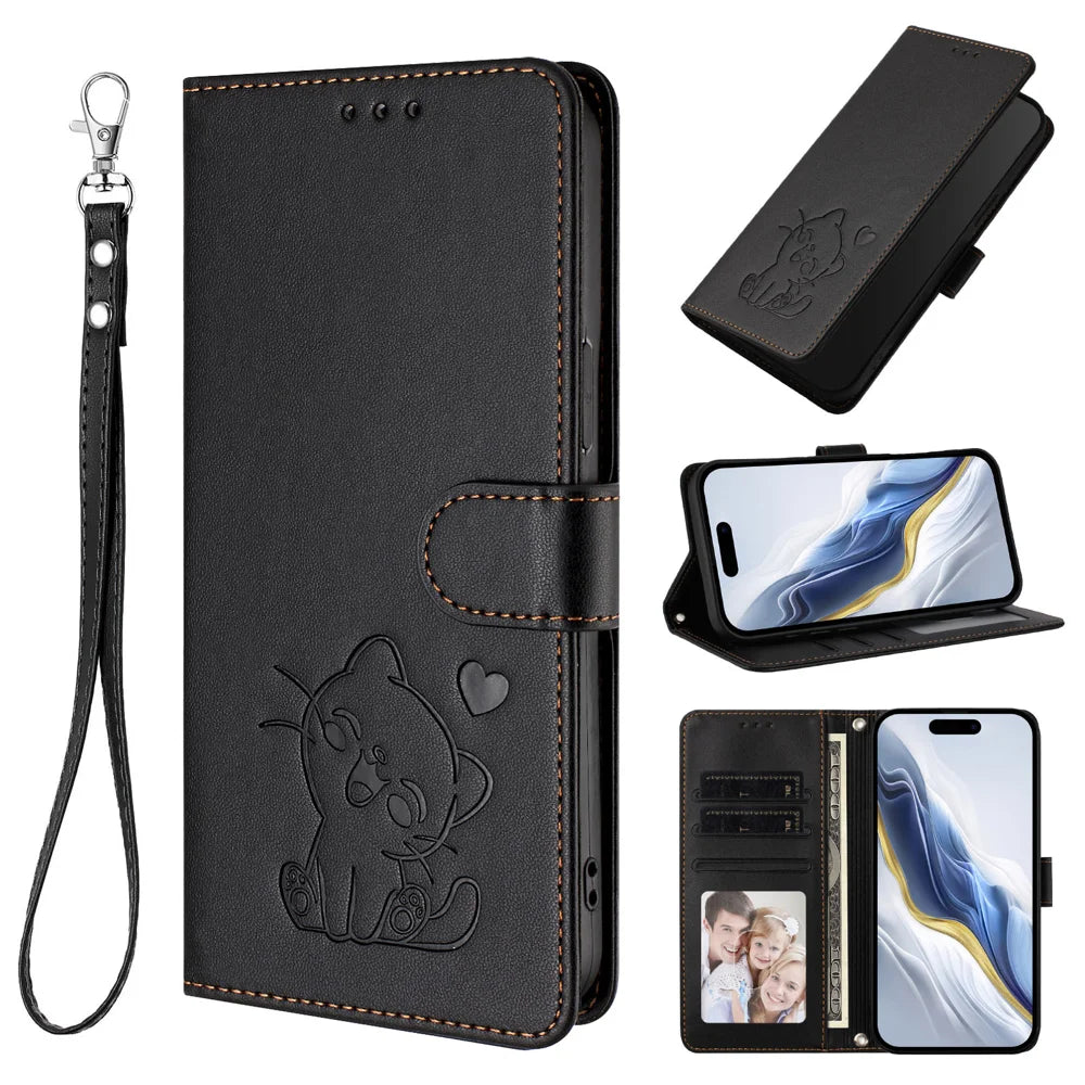 For Samsung Galaxy S24 / Galaxy S25 Wallet Case with Wrist Strap Love Cat Pattern Imprint Leather Phone Cover - Black - 5