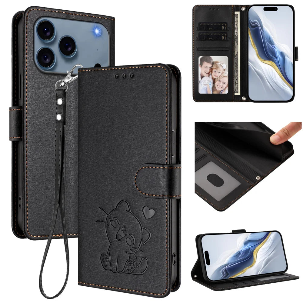 For iPhone 18 Pro Max / 17 Pro Max Wallet Case with Wrist Strap Love Cat Pattern Imprint Leather Phone Cover - Black - 2