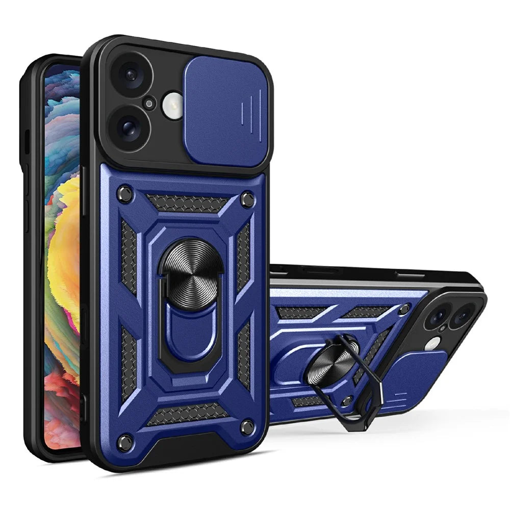 AMORUS For iPhone 16 Plus Case Kickstand PC + TPU Phone Cover with Camera Lens Slider - Blue - 1
