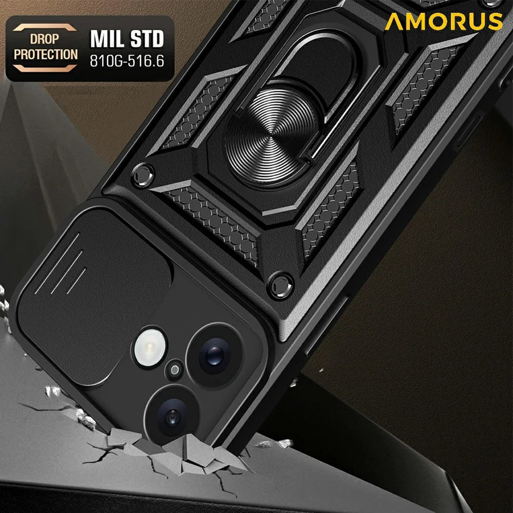 AMORUS For iPhone 16 Plus Case Kickstand PC + TPU Phone Cover with Camera Lens Slider - Blue - 2