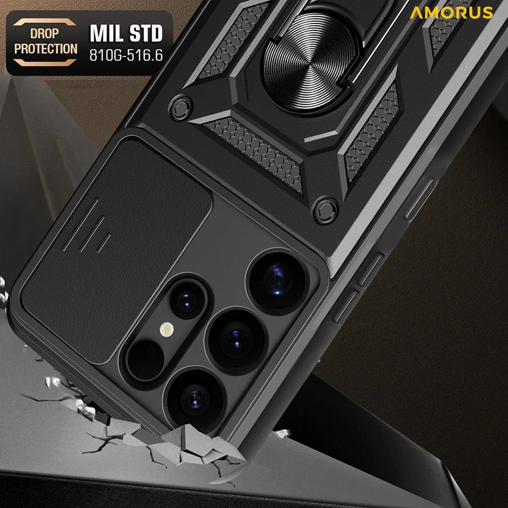 AMORUS For Samsung Galaxy S25 Ultra Case Kickstand PC + TPU Phone Cover with Camera Lens Slider - Black - 2