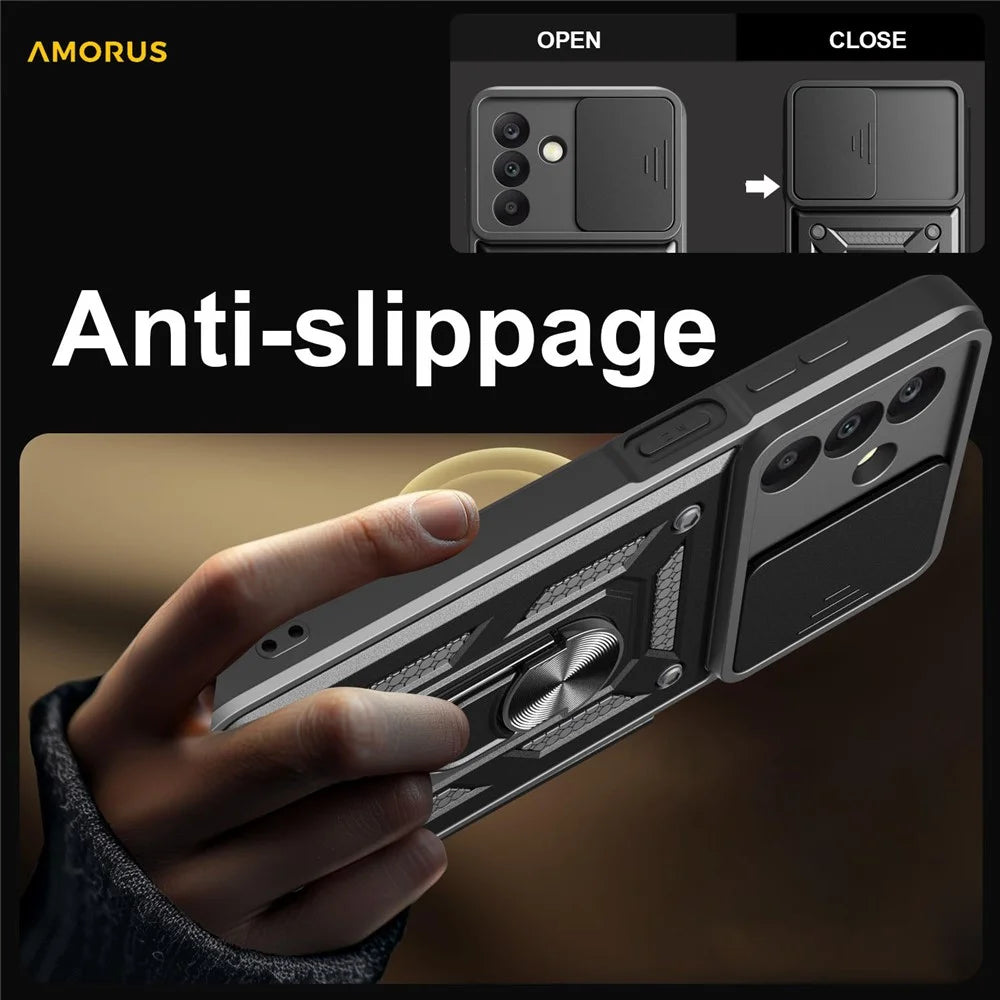 AMORUS For Samsung Galaxy A26 5G Case Kickstand PC + TPU Phone Cover with Camera Lens Slider - Silver - 5