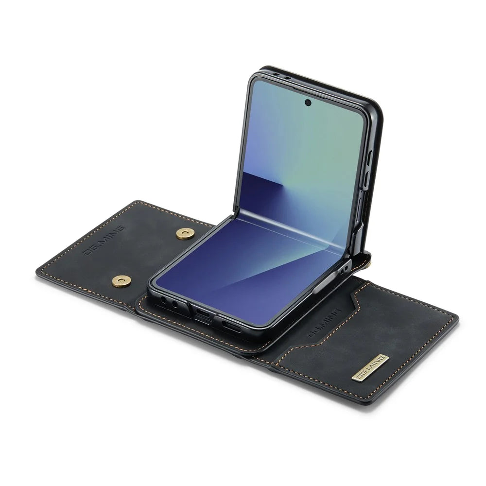 DG.MING M2 Series for Samsung	Galaxy Z Flip7 5G Case PU + PC Phone Cover with Detachable Card Bag / Should Strap - Black - 6