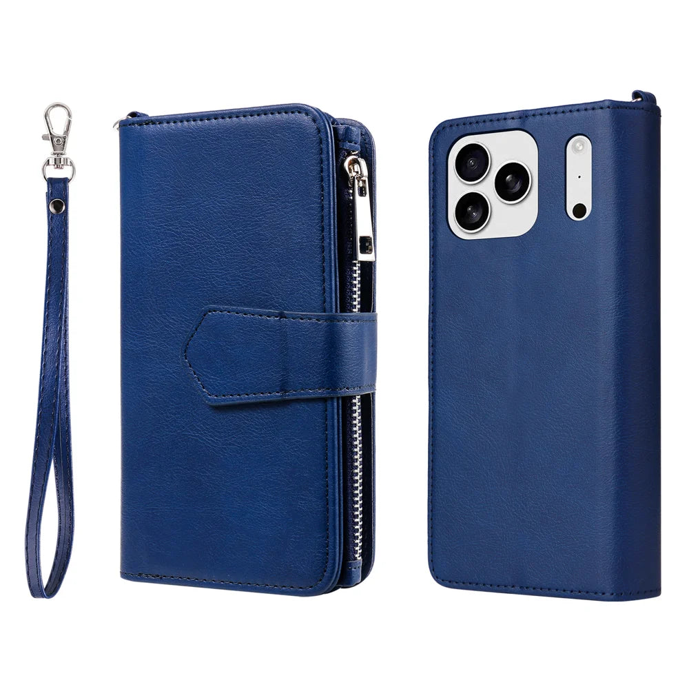 For iPhone 18 Pro Max / 17 Pro Max Magnetic Leather Case Mobile Cover with Detachable Zipper Wallet Strap - Blue - 1