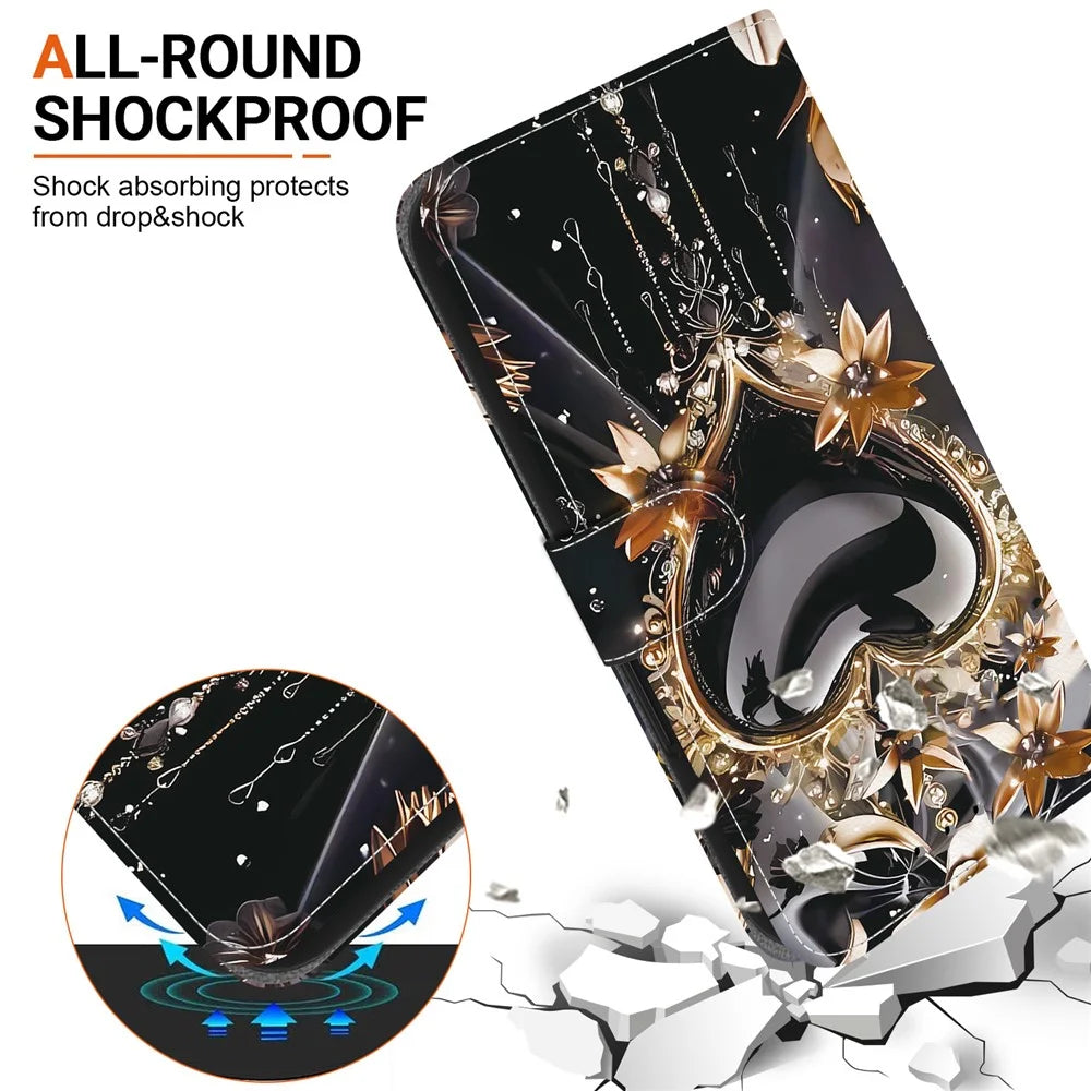 For Samsung Galaxy A16 5G / 4G Wallet Case Pattern Printing Leather Stand Phone Cover with Strap - Black Gold Heart - 6