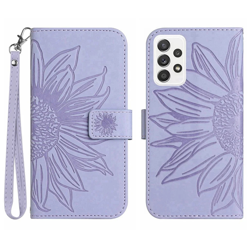 For Samsung Galaxy A23 4G / 5G (Global Version) Phone Case, HT04 Shockproof Skin-Touch PU Leather Imprinted Sunflower Stand Wallet Cover with Hand Strap - Light Purple - 1
