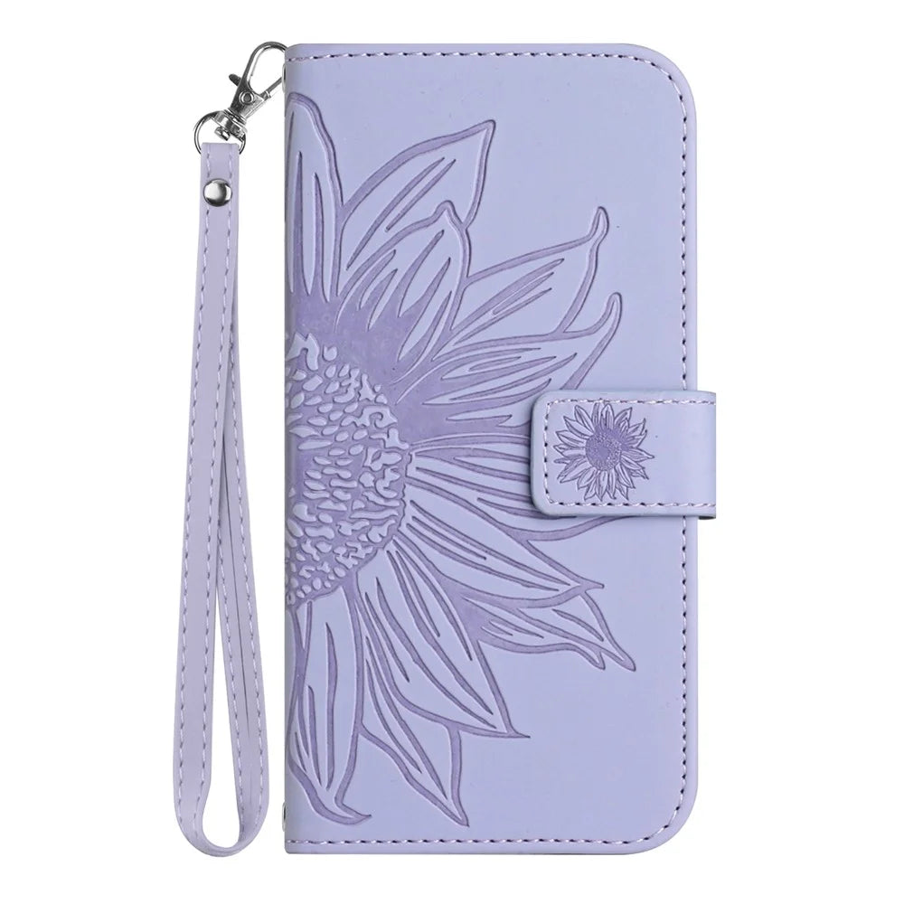 For Samsung Galaxy A23 4G / 5G (Global Version) Phone Case, HT04 Shockproof Skin-Touch PU Leather Imprinted Sunflower Stand Wallet Cover with Hand Strap - Light Purple - 2