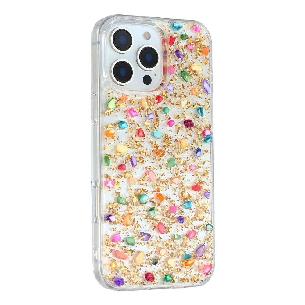 JAUCASE For iPhone 16 Pro Case Natural Colorful Stone Epoxy TPU PC Phone Back Cover - Gold - 1