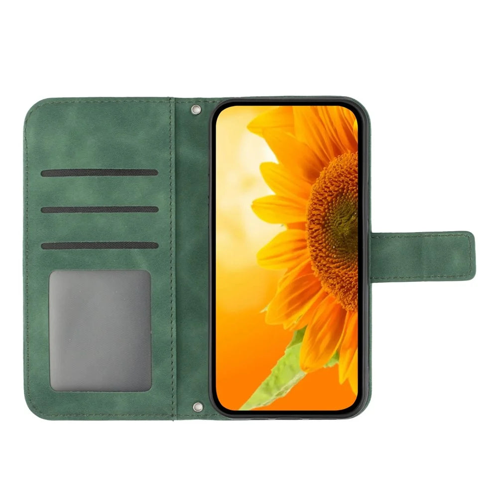 For Samsung Galaxy A22 5G (EU Version) HT04 Skin-Touch Sunflower Imprinted Phone Cover Wallet Scratch-proof Anti-drop Phone Case Stand with Hand Strap - Dark Green - 3